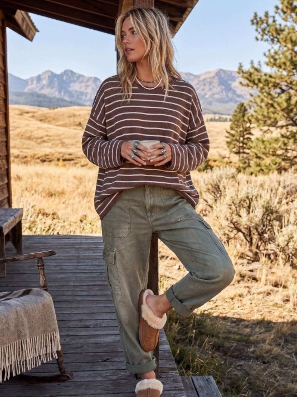127. Soft knit striped relaxed fit sweater in brown